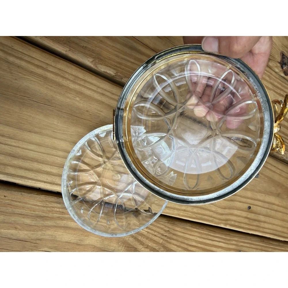 Vintage Cut Glass Crystal Round Gold Trim BowTie Hinged Dresser Trinket Box Bow